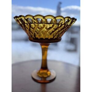 Stunning Imperial Glass‎ Amber Basket Weave Compote In EUC